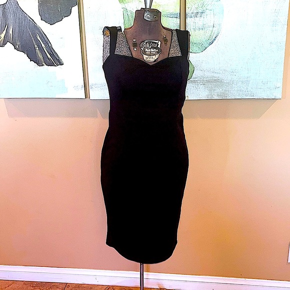 Black sweetheart neckline vintage pencil midi retro 50's style Dress Sz 4 - Picture 1 of 15